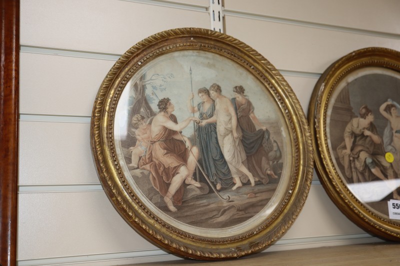 After Angelica Kauffman, pair of coloured engravings, Classical scenes, tondo, 29cm